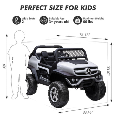 Garvee Ride - P Series: 2 Seater Kids Ride On Truck 24V Ride On Toy Licensed Mercedes Benz Battery Powered Electric Vehicle for Toddles With Remote Control, Battery Display, Trunk, Spring Suspension, LED Lights, Music, White