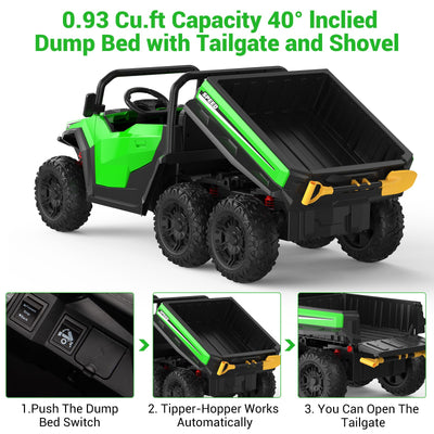 Garvee Ride - P Series: 24V 4WD Electric Ride On Dump Truck with Remote Control, 2-Seater, Music Player, LED Lights, Key Start Safety System, Durable Plastic, Off-Road Kids Toy for Ages 3+ - Green