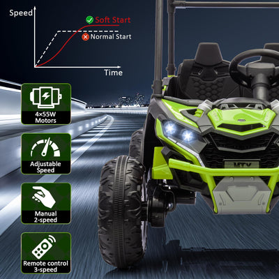 Garvee Ride - P Series: 24V Ride On Utv for Kids, 2 Seater Electric Truck With Sun Shade,4WD Electric Car Toy With Remote Control, Led Lights, 4 Shock Absorbersm,One Click Start, Music Player - Green