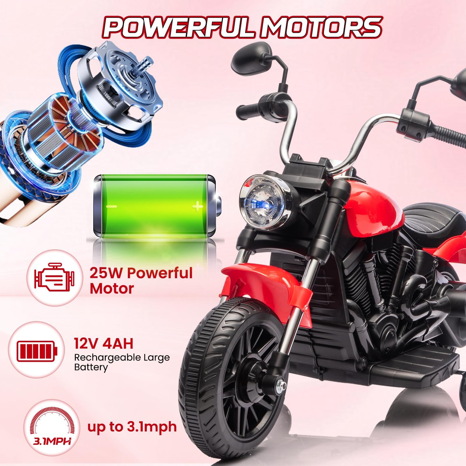 Garvee Ride - P Series: 12V Electric Motorcycle for Kids with Detachable Training Wheels, Soft Start, Reverse Function, Headlight, Horn, Music - Red, Toddler Ride-On Toy