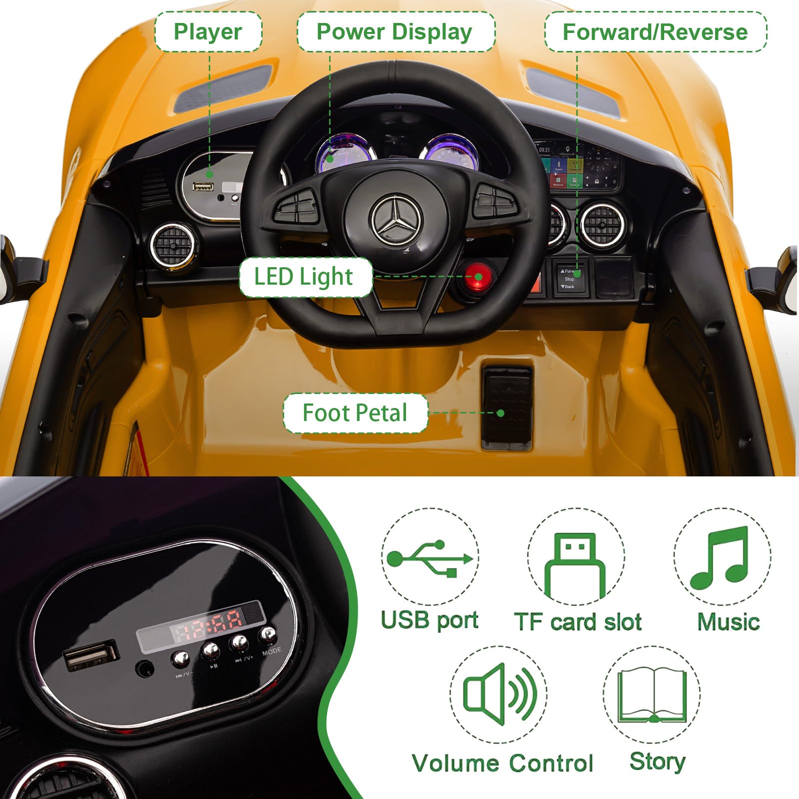 Garvee Ride Car for Kids, 12V Power Battery Electric Vehicles for 3-7 Toddlers, Licensed Mercedes-Benz with Remote Control, MP3 Player - Yellow