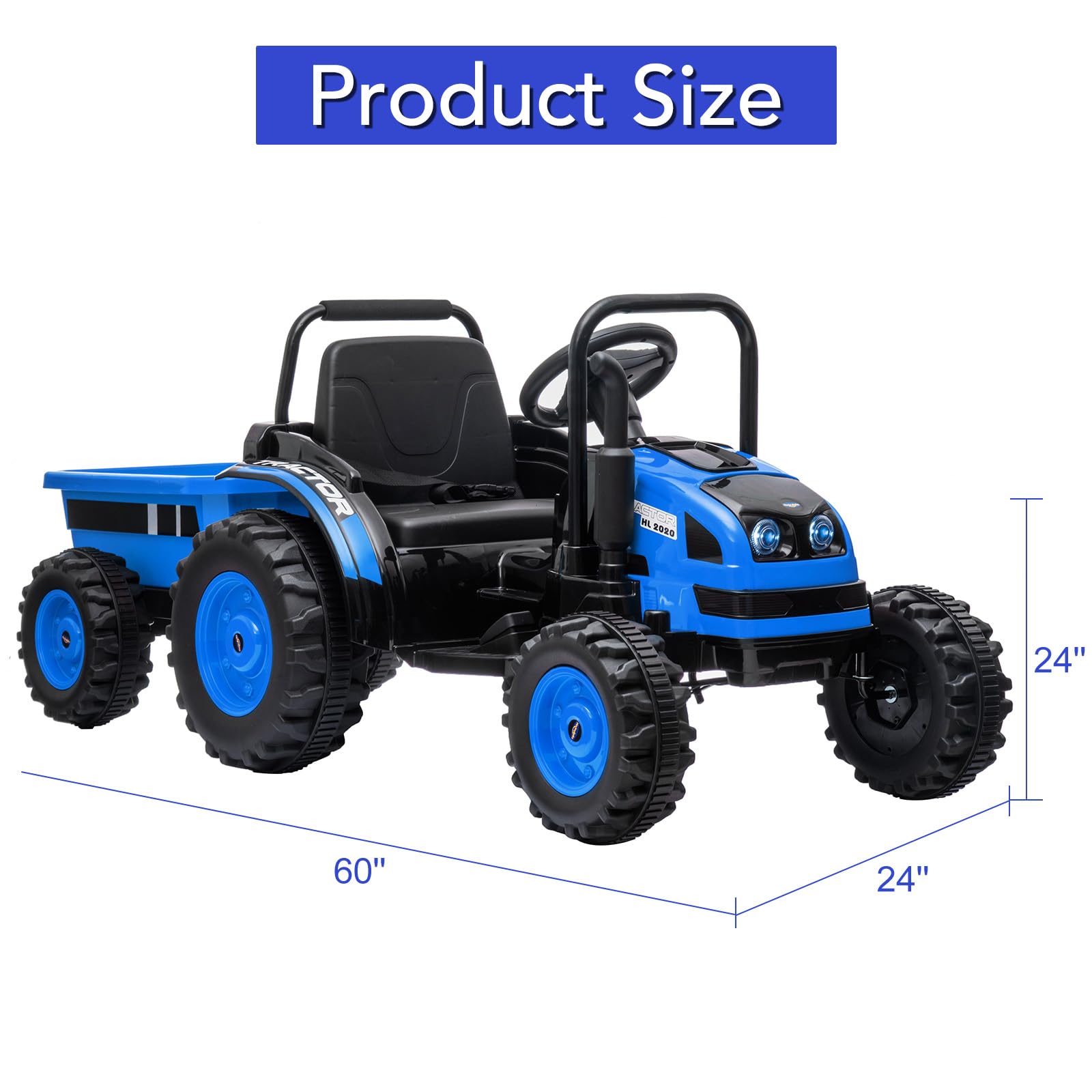 Garvee Ride - P Series: 12V Electric Ride-On Tractor for Kids with Trailer, Remote Control, Music, LED Lights, and Rear Wheel Suspension - Battery Powered Toy Vehicle - Blue