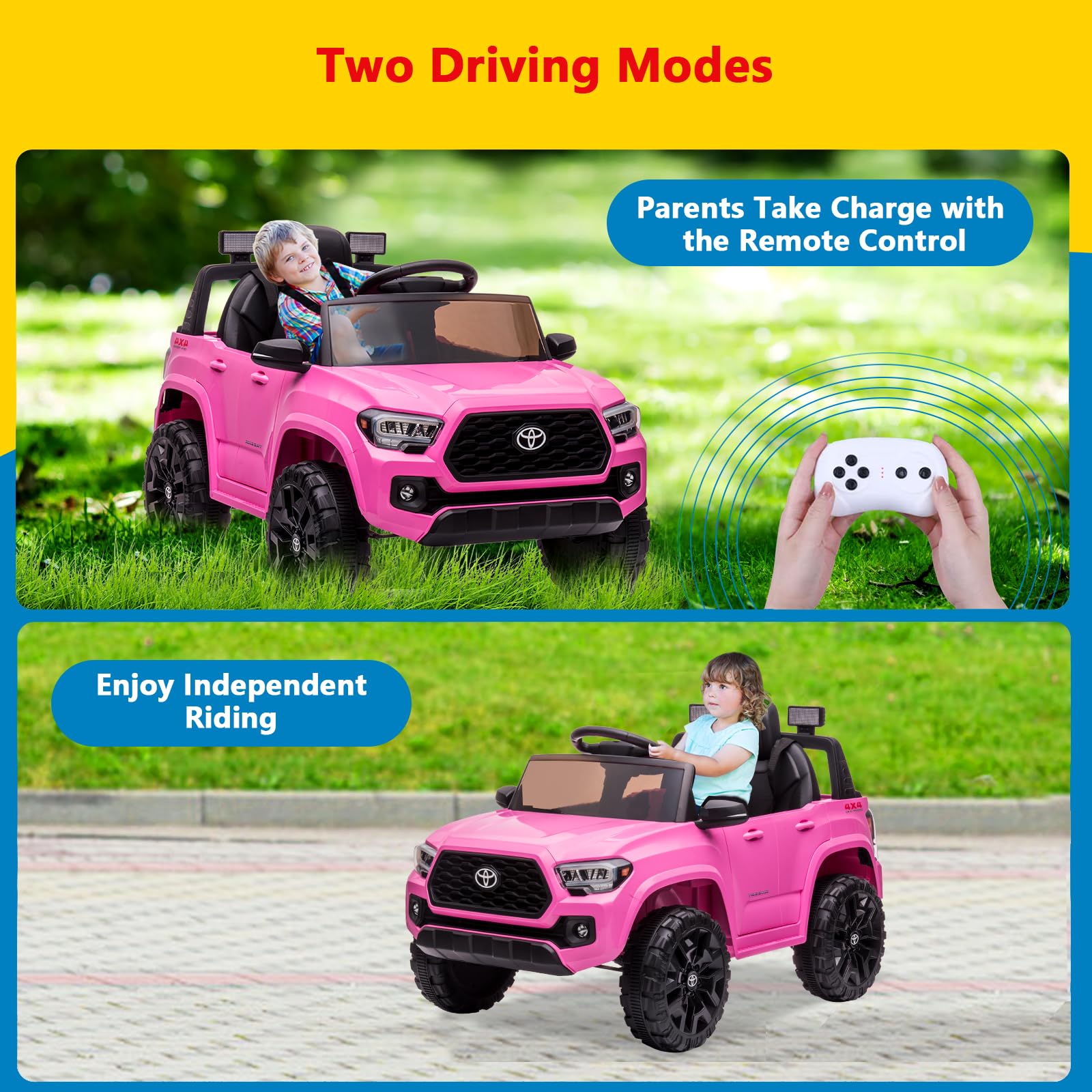 Garvee Ride - P Series: 12V Toyota Tacoma Kids Car, Spring Suspension, with LED Light - Pink