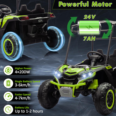 Garvee Ride - P Series: 24V Ride On Utv for Kids, 2 Seater Electric Truck With Sun Shade,4WD Electric Car Toy With Remote Control, Led Lights, 4 Shock Absorbersm,One Click Start, Music Player - Green