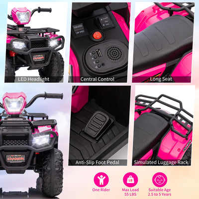 Garvee Ride - P Series: 12V Ride on ATV for Kids, Electric Vehicle for Toddlers,High/Low 2.2mph Safety Speed for Child, Forward/Backward,LED Light, Music,USB for Boys Girls Gift- Pink