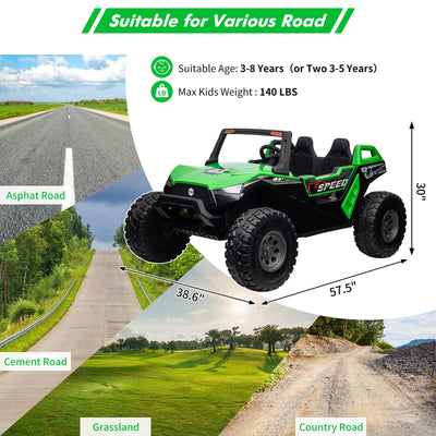 Garvee Ride - P Series: 24V 2-Seater Ride-On UTV: Remote Control, 4WD Motors, 21" Seats + Foldable Seat, 15.4" EVA Wheels, Music, LED Lights, 140lb Max Load - Green