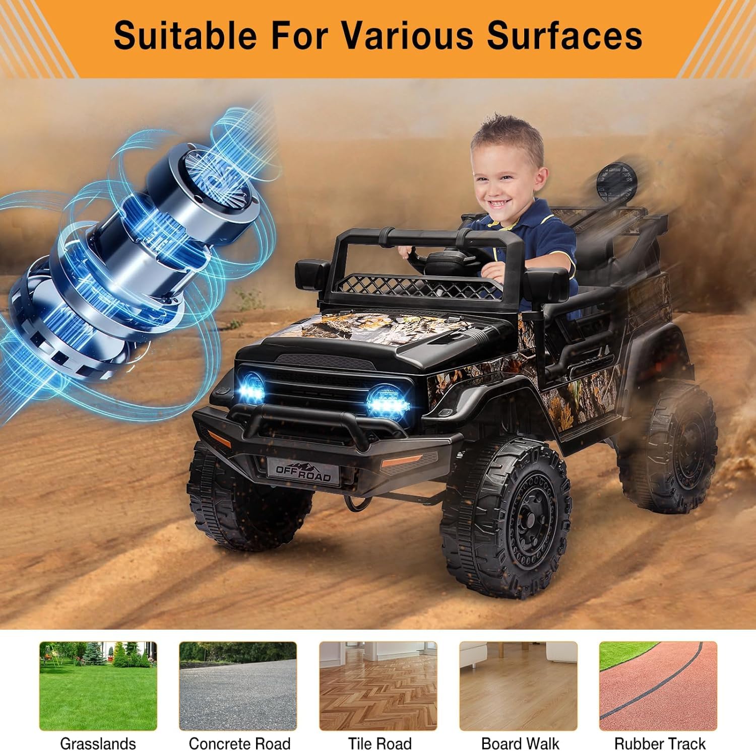 Garvee Ride - P Series: 12V Power Wheel Electric Car for Kids, Ride on Toys with Led Lights Bluetooth, 3 Speeds, Spring Suspension - Black