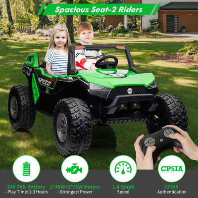 Garvee Ride - P Series: 24V 2-Seater Ride-On UTV: Remote Control, 4WD Motors, 21" Seats + Foldable Seat, 15.4" EVA Wheels, Music, LED Lights, 140lb Max Load - Green