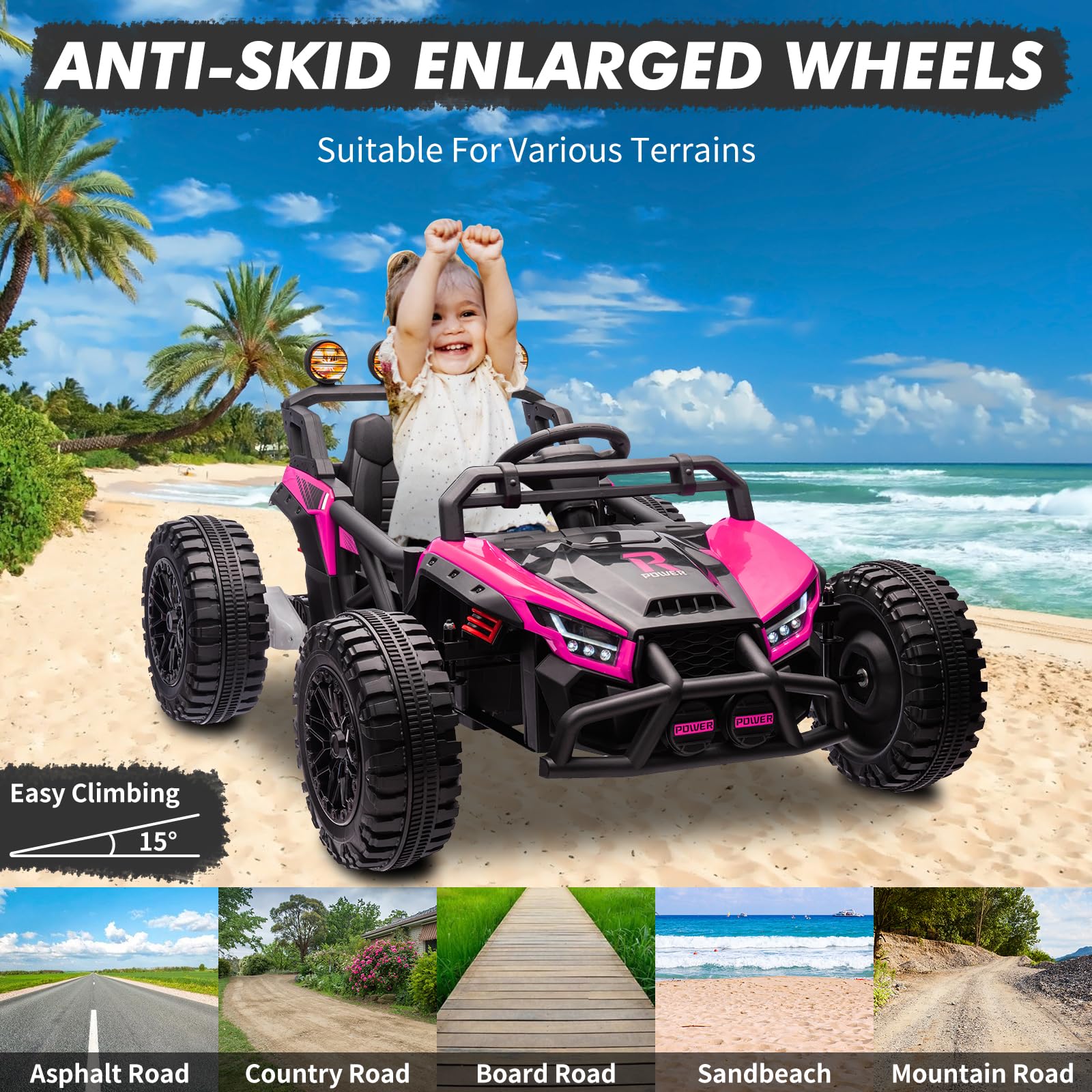 Garvee Ride - P Series: 24V Electric UTV,Ride On Toys for Big Kids,2x130W Powerful Electric Car with Remote Control， 4 Shock Absorbers，LED Lights,Music for Boys and Girls,Pink