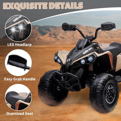 Garvee Ride - P Series: 12V Ride on Toy Car Bombardier Licensed BRP Can-am 4 Wheeler Quad Electric Vehicle, w/LED Lights, Spring Suspension, Bluetooth, Music, USB, Treaded Tires, White - Khaki
