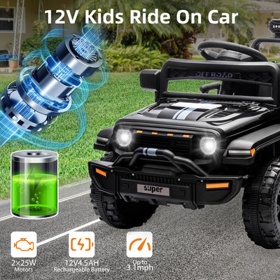 Garvee Ride - P Series: 12V Ride On Toy w/Parent Remote Control, Steering Wheel Music, 4-Wheel Spring Suspension, Led Lights, 2 Speeds, Kids Electric Vehicles for Age 3-5, Black