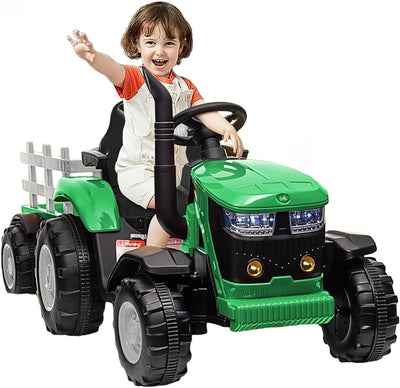 Garvee Ride - P Series: 12V Ride On Car with Trailer, Battery Powered Electric Vehicle Toy 35W Dual Motor, Led Lights, Horn, Music USB, Safety Belt, Green