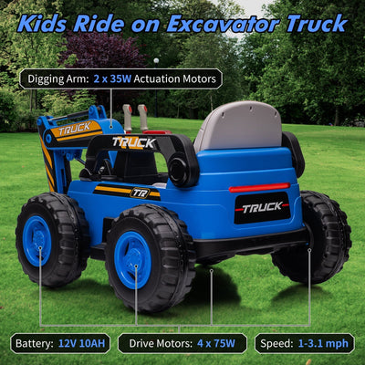 Garvee Ride - P Series: 12V Kids Ride On Excavator Digger Car with Remote Control & Electric Digging Arm with 2x35W Motors, 10Ah Large Battery, 4x75W Driving Motors,Led Tail Light, Music, USB, Ride Toy , Blue