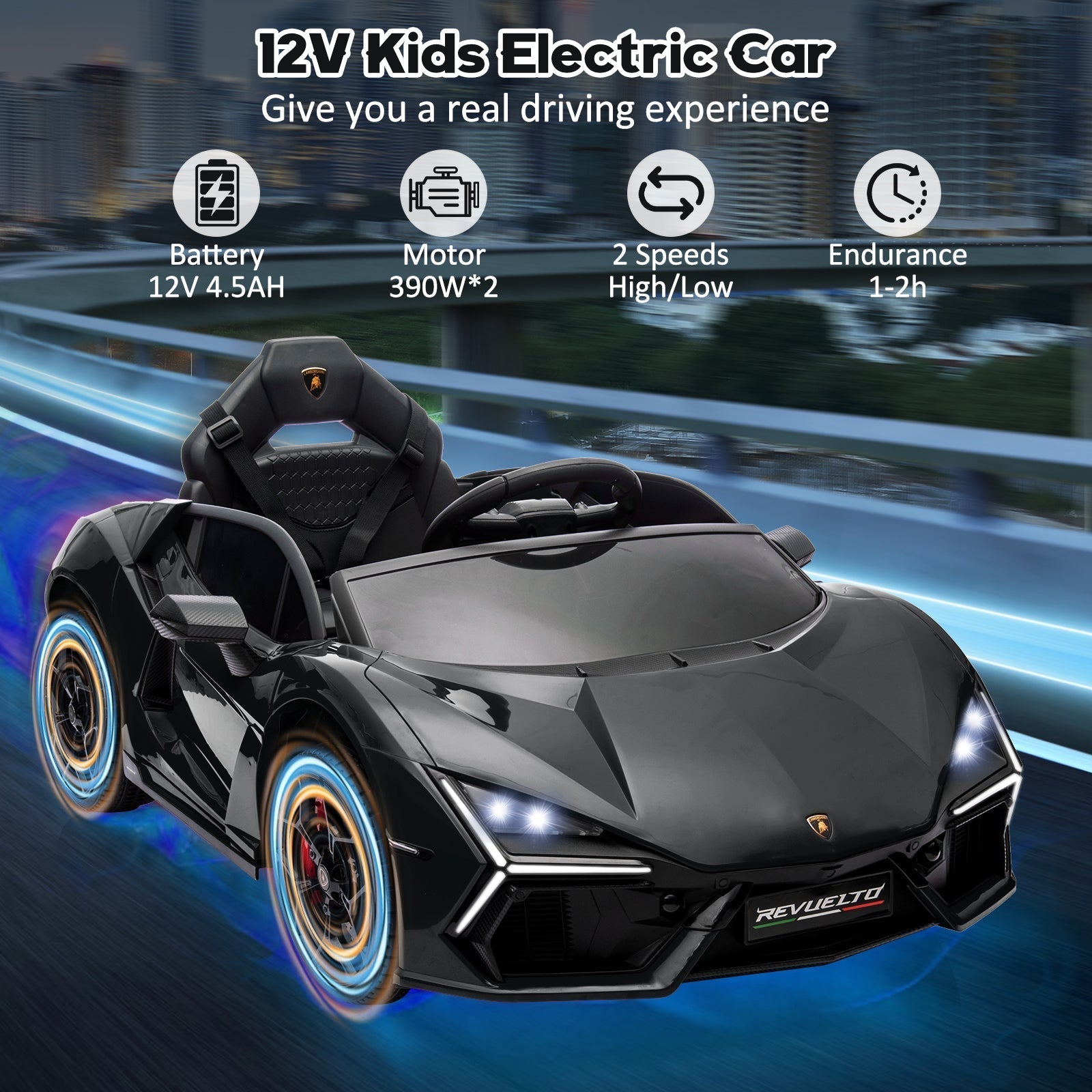 Garvee Ride - P Series: 12V Ride On Car for Kids, Licensed Revuelto Electric Vehicle, Battery Powered Sports Car Toy for Boys & Girls, with Bluetooth, Usb