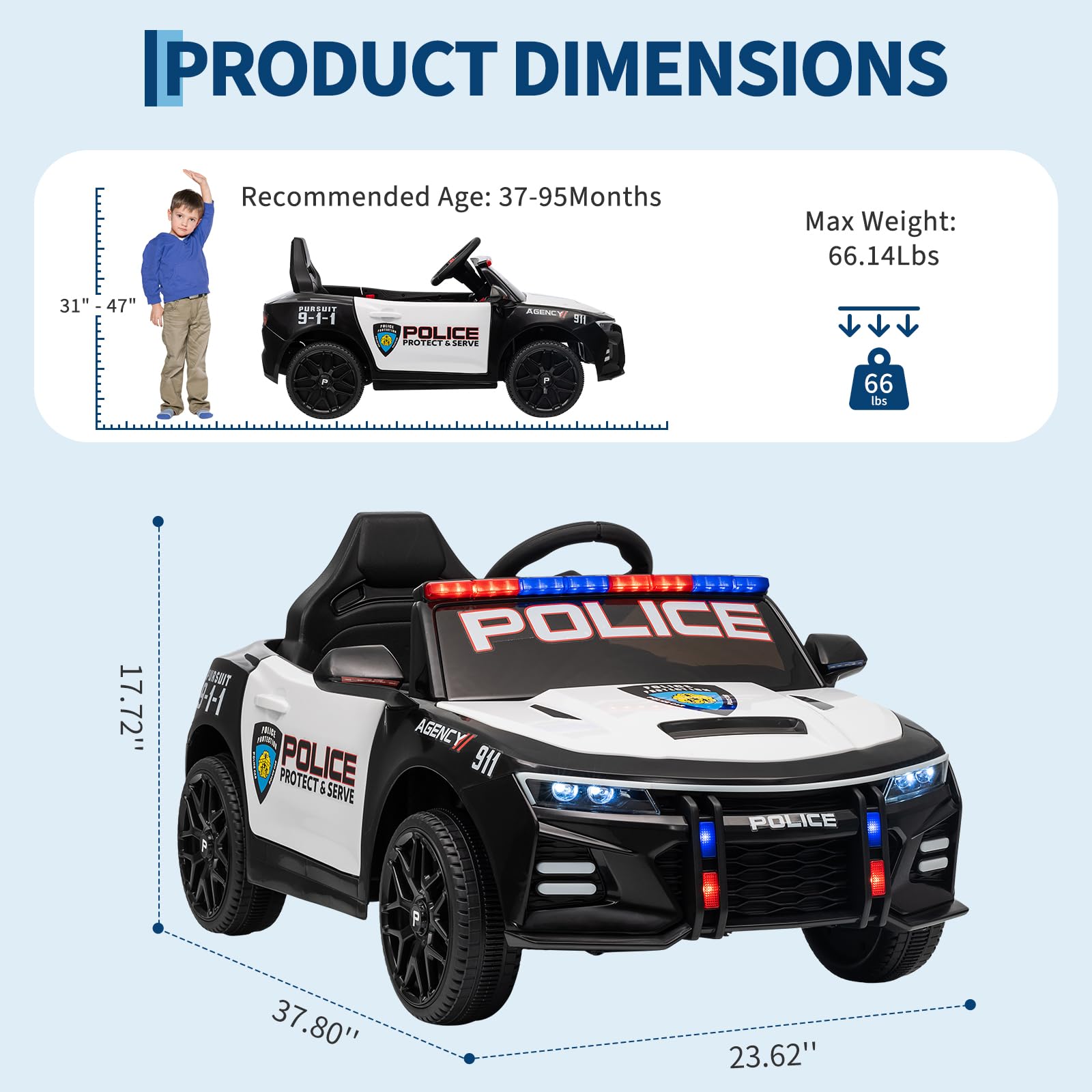 Garvee Ride - P Series: 12V Police Car Ride-On Toy for Kids with Remote Control, Emergency Tones, Megaphone, Flashing Lights, Spring Suspension, Music, Safe Buckle Locks, Quick Assembly