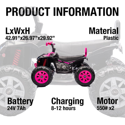 Garvee Ride - P Series: 24V 2-Seater Ride On ATV for Kids - 4-Wheel Battery Powered, High/Low Speed Modes, LED Lights, Music & Horn, Durable Wear-Resistant Wheels, Safe Non-Toxic Material, Outdoor Adventure - Pink