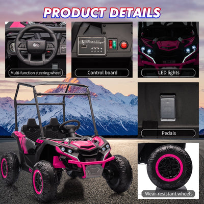 Garvee Ride - P Series: 24V Ride On Utv for Kids, 2 Seater Electric Truck With Sun Shade,4WD Electric Car Toy With Remote Control, Led Lights, 4 Shock Absorbersm,One Click Start, Music Player - Rose