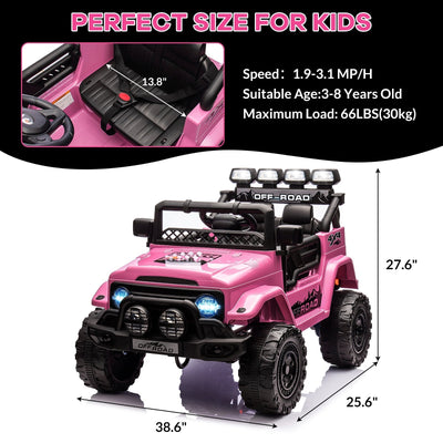 Garvee Ride - P Series: 12VElectric Ride on Truck Car For Kids Age 3+, Remote Control, Twin 25W Motors 3.1MPH Max Speed, Bluetooth USB Music Player, 4 Wheels Suspension LED Lights Safety Belt, Gift for Boy & Girl - Pink
