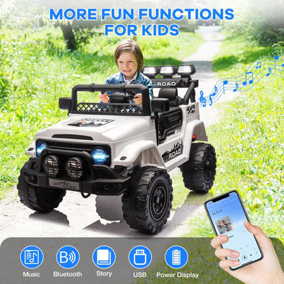Garvee Ride - P Series: 12VElectric Ride on Truck Car For Kids Age 3+, Remote Control, Twin 25W Motors 3.1MPH Max Speed, Bluetooth USB Music Player, 4 Wheels Suspension LED Lights Safety Belt, Gift for Boy & Girl - White