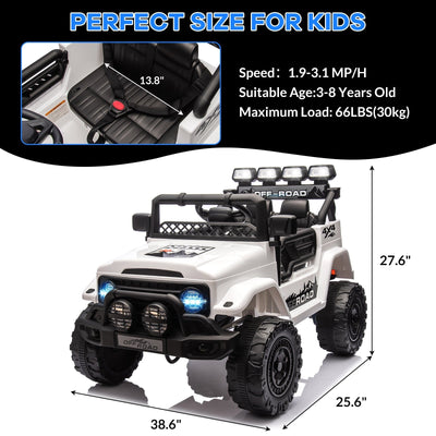 Garvee Ride - P Series: 12VElectric Ride on Truck Car For Kids Age 3+, Remote Control, Twin 25W Motors 3.1MPH Max Speed, Bluetooth USB Music Player, 4 Wheels Suspension LED Lights Safety Belt, Gift for Boy & Girl - White