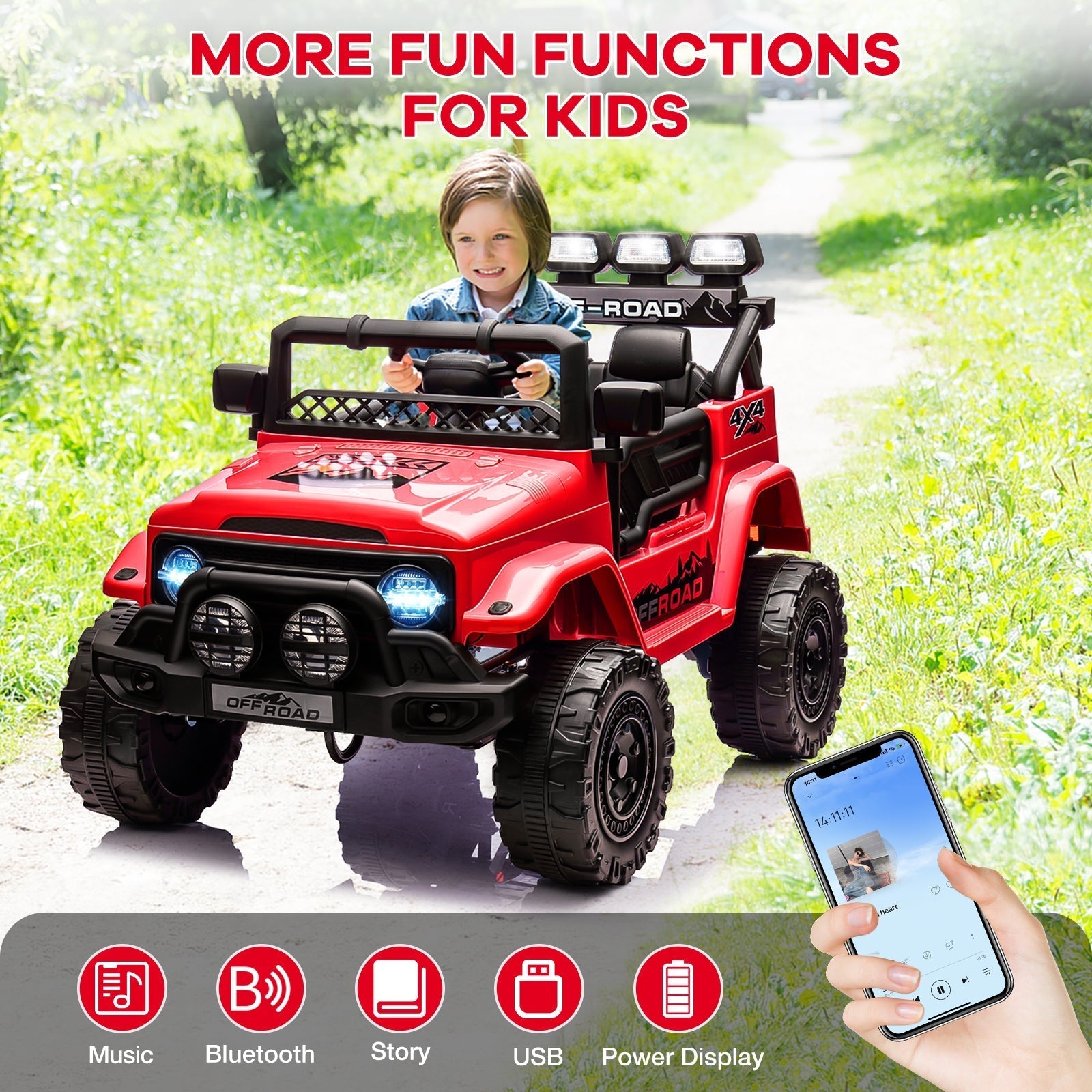 Garvee Ride - P Series: 12V Electric Ride on Truck Car For Kids Age 3+, Remote Control, Twin 25W Motors 3.1MPH Max Speed, Bluetooth USB Music Player, 4 Wheels Suspension LED Lights Safety Belt, Gift for Boy & Girl - Red
