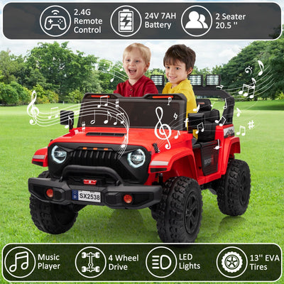 Garvee Ride - P Series: 24V Ride On Car, 4WD 2 Seater Kids' Electric Vehicle Truck with Remote Control, Adjustable Footwell Ride On Truck, 3 Speeds, Led Lights, Bluetooth, Red