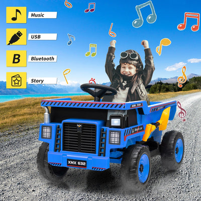 Garvee Ride - P Series: 12V Kids Ride On Dump Truck Electric Car Toy with Remote Control, Auto Dump Bed & Shovel, Dual 30W Motors, Durable Plastic, LED Lights, Music, Blue, Outdoor Play