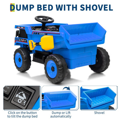 Garvee Ride - P Series: 12V Kids Ride On Dump Truck Electric Car Toy with Remote Control, Auto Dump Bed & Shovel, Dual 30W Motors, Durable Plastic, LED Lights, Music, Blue, Outdoor Play