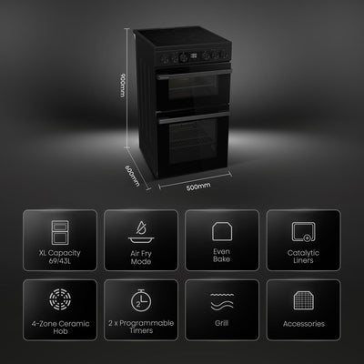 Hisense HDCEC5C10B 50cm Double Oven Electric Cooker with Ceramic Hob Black - A Rated