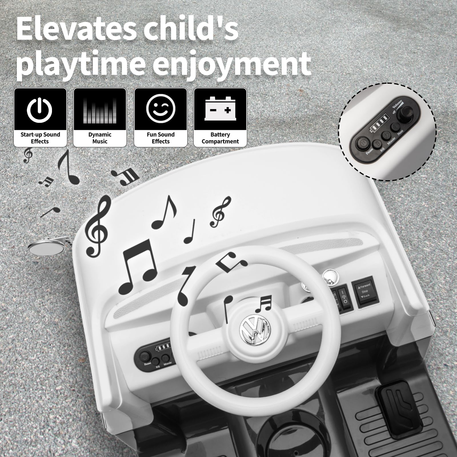 Garvee Volkswagen Licensed Electric Ride-On Bus for Kids - 6V Battery, LED Headlights, Music, Horn, Pedal Control, Gentle Start, Safe & Fun Toy for Toddlers - Black