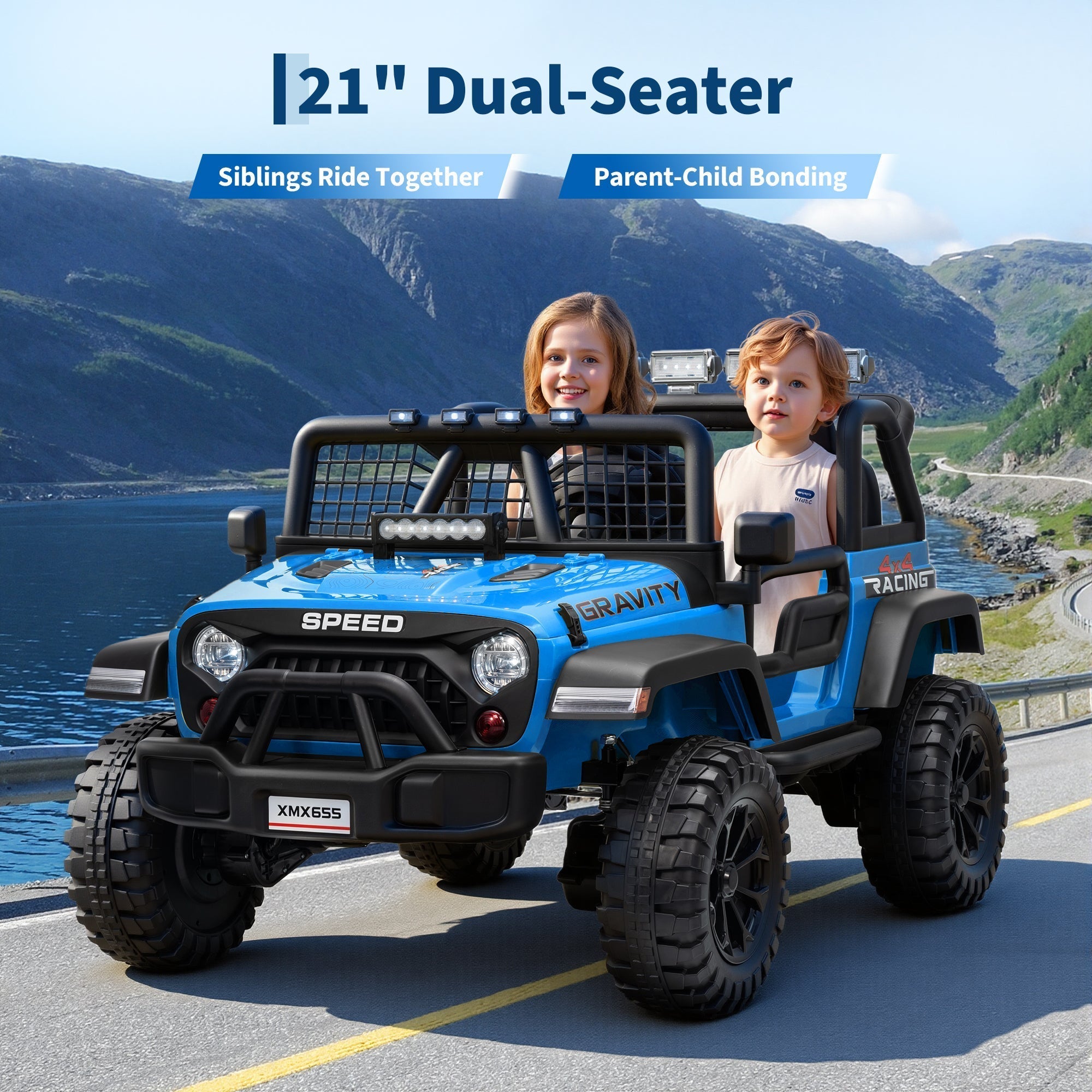 Garvee Ride - P Series: 2 Seater Ride On Car for Kids, 24V Electric Truck with Parent Remote Control, Spring Suspension, 2 Speeds, LED Headlight & Music Player, Kids Electric Vehicle for Aged 3-8 Years