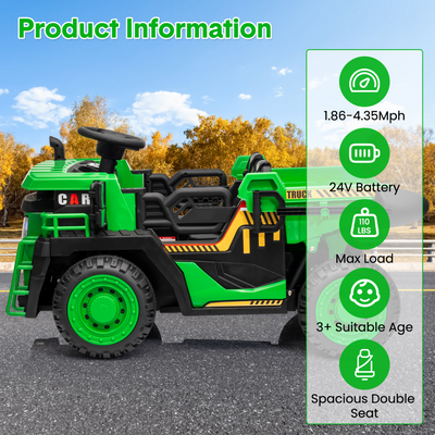 Garvee Ride - P Series: 24V Ride On Dump Truck, 2 Seater Electric Cars for Kids with Remote Control, Dump Bed, Shovel, Music, Led, Wheel Shock Absorption,Ride On Construction Vehicle Four- for Kids 3+,Green