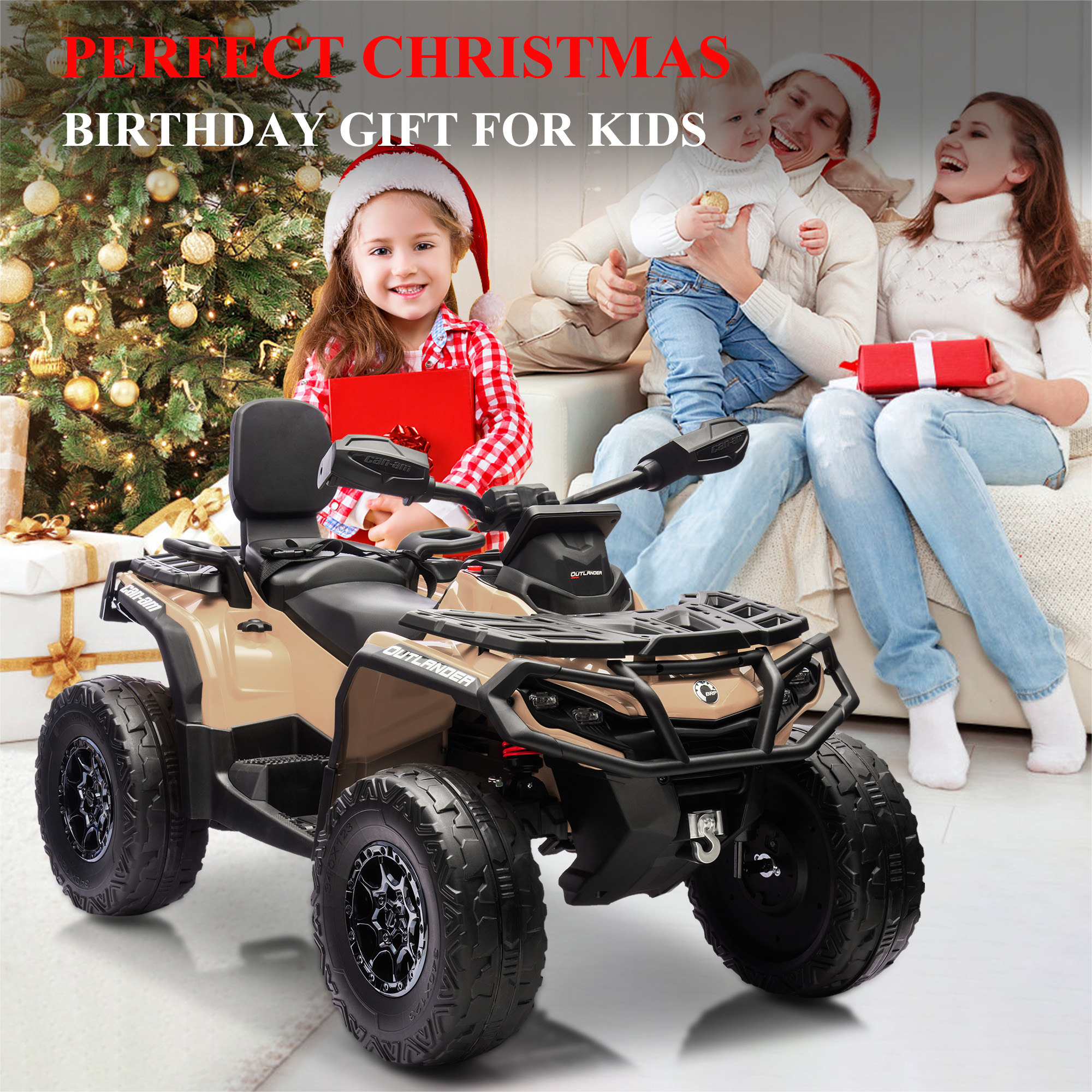 Garvee Ride - P Series: 2 Seater Ride On Car 24V 4WD Electric ATV, Leather Seats, Safety Belt, Bluetooth, Adjustable Speed, Yellow, Outdoor Adventure - Brown