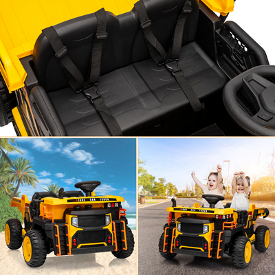 Garvee Ride - P Series: 24V Ride On Dump Truck, 2 Seater Electric Cars for Kids with Remote Control, Dump Bed, Shovel, Music, Led, Wheel Shock Absorption,Ride On Construction Vehicle Four- for Kids 3+,Yellow